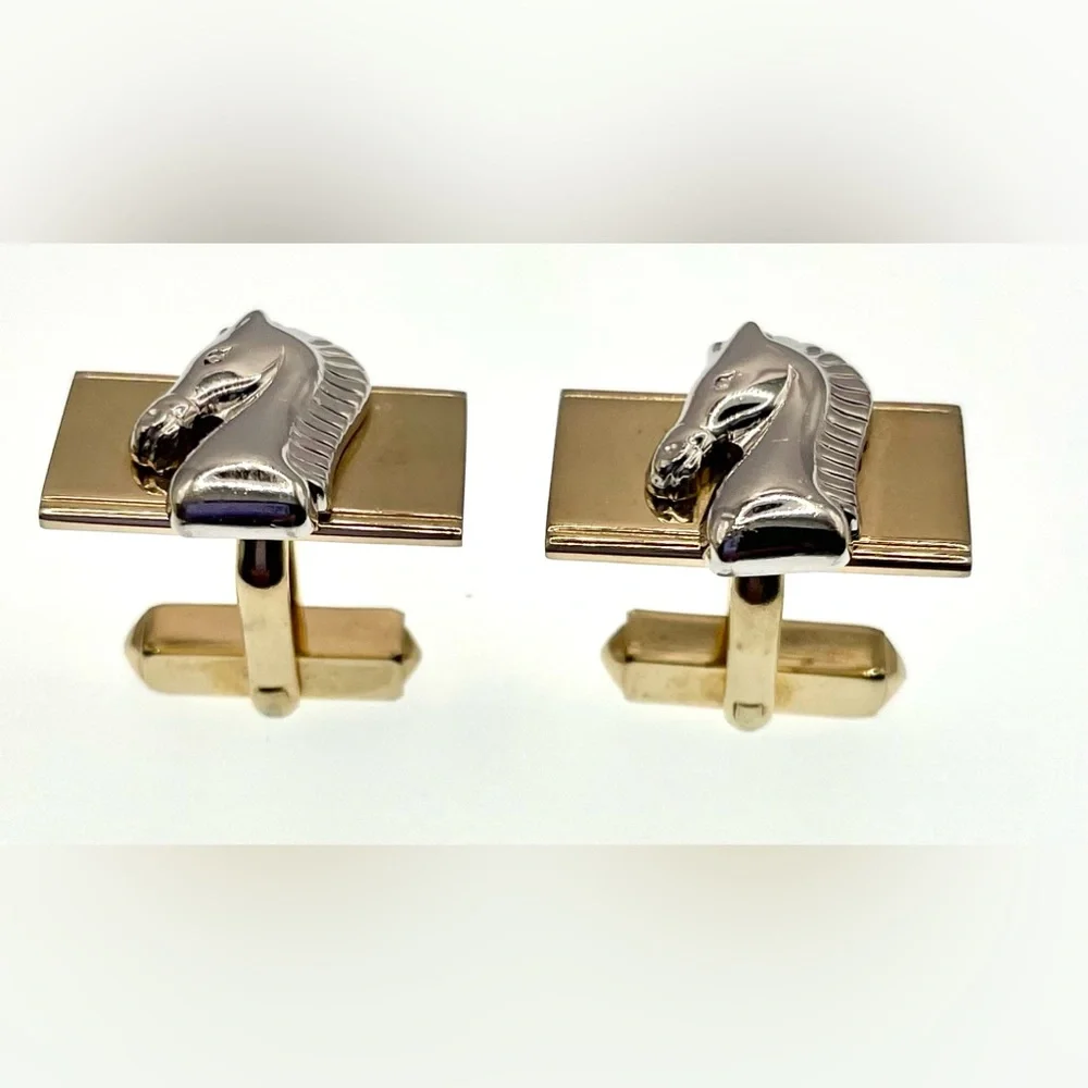 Vintage Signed Swank Horse Cufflinks Silver and Gold Tone Knight Equestrian
